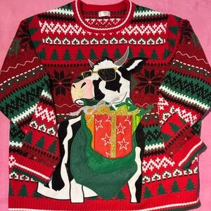 Holiday Time Festive Cow Sweater in Red, Green, and White